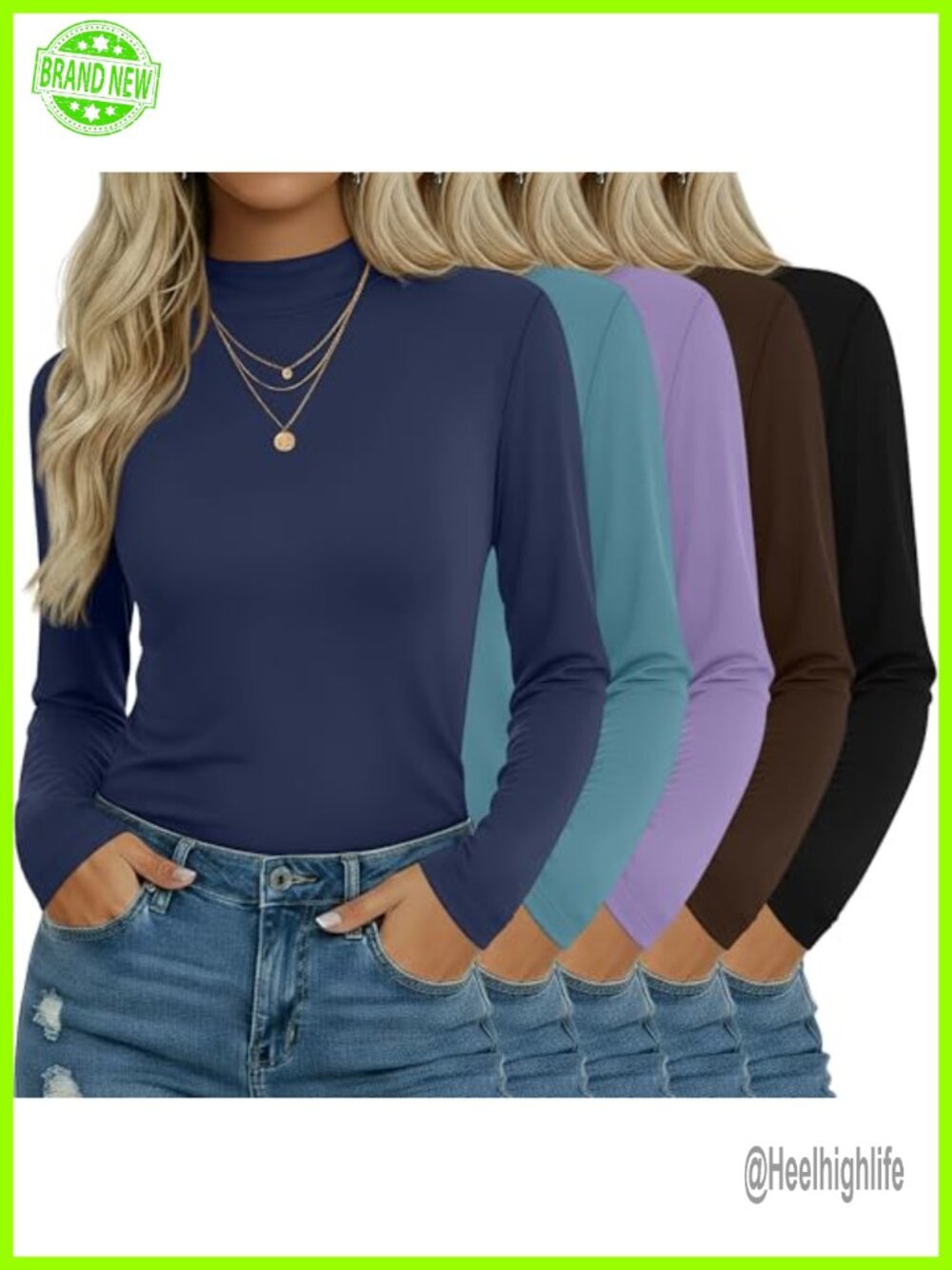 5 Pack Women's Cotton Blend Mock Turtleneck Base Layer Tops